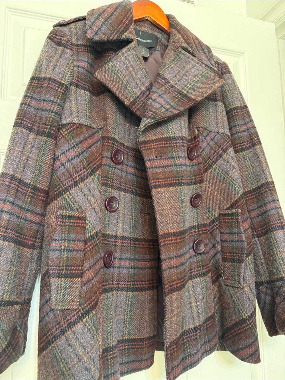 Moda International Wool Plaid Double-Breasted Peacoat in Plum/Brown - Picture 4 of 9